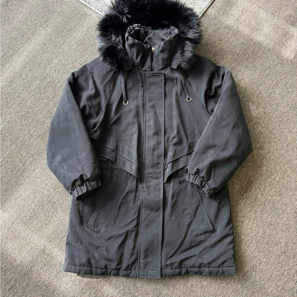 Black Hooded Parka with Faux Fur Trim
